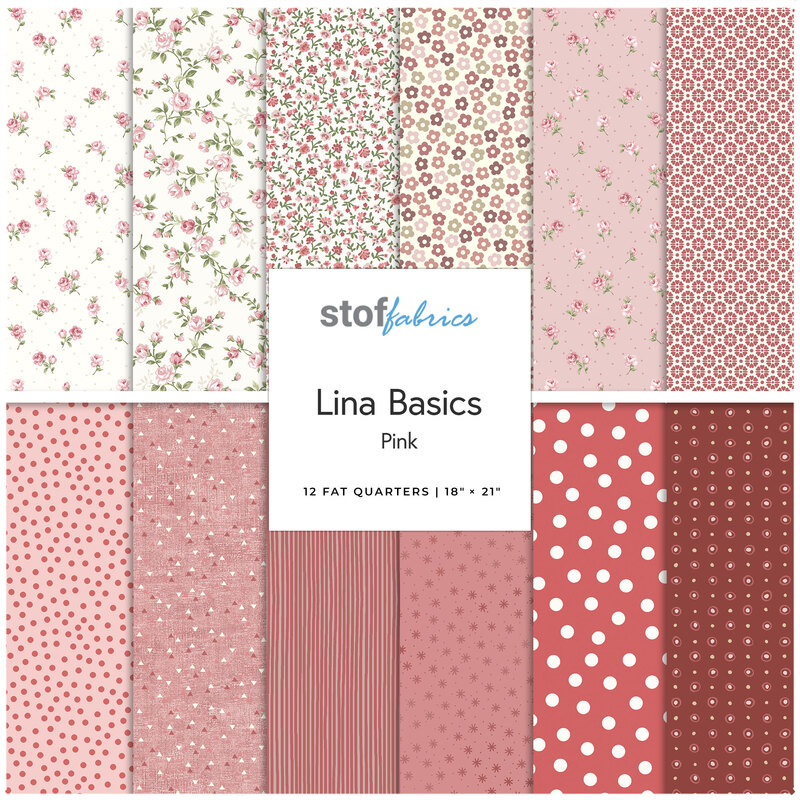 Collage of the Pink Fat Quarter Bundle from the Lina Basics fabric collection.