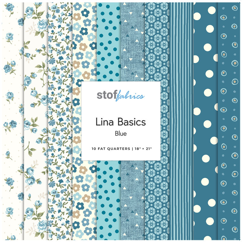 Collage of the Blue Fat Quarter Bundle from the Lina Basics fabric collection.