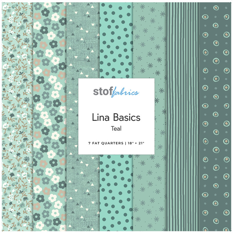Collage of the Teal Fat Quarter Bundle from the Lina Basics fabric collection.