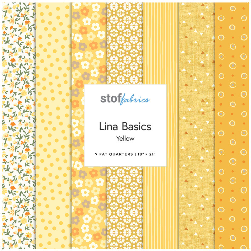 Collage of the Yellow Fat Quarter Bundle from the Lina Basics fabric collection.