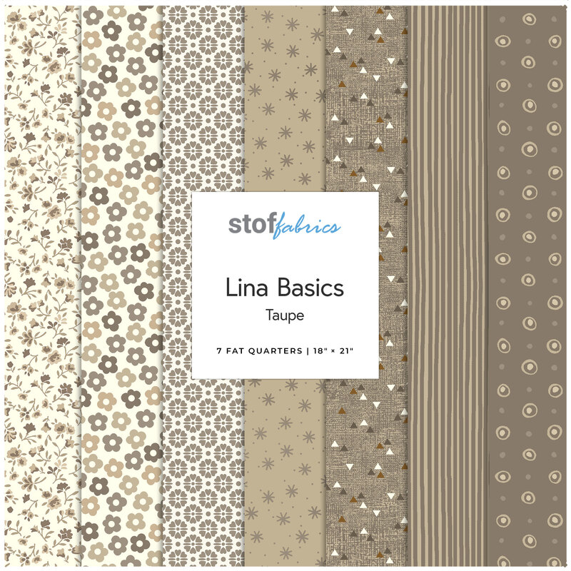 Collage of the Taupe Fat Quarter Bundle from the Lina Basics fabric collection.