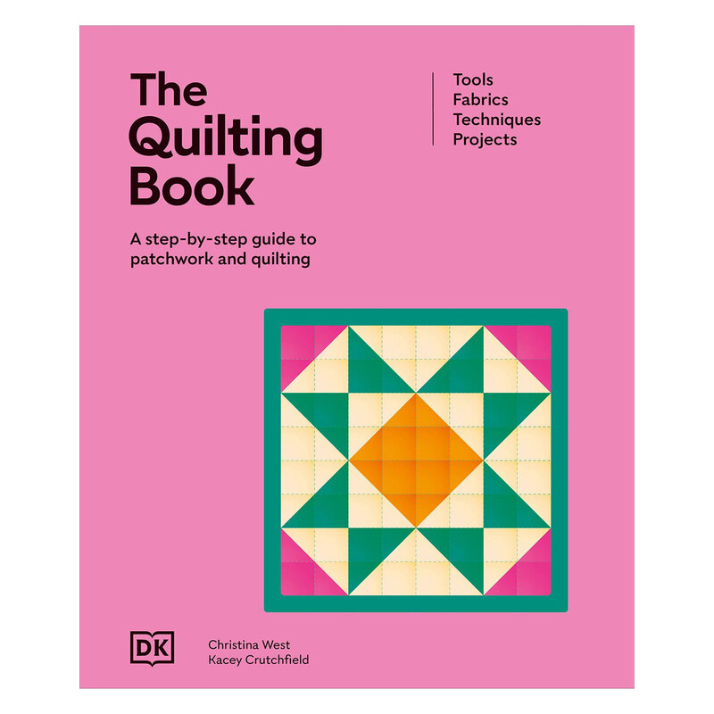 Cover of The Quilting Book featuring a pattern block with a bright pink background.