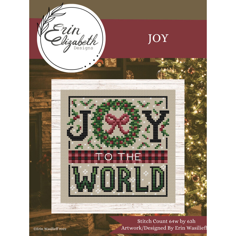 A digital mockup of the joy pattern with coordinating décor and a stitch count in the bottom right corner. 