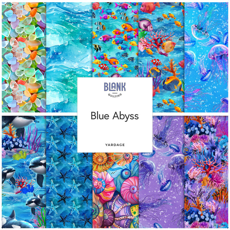Collage of oceanic themed fabrics from the Blue Abyss collection by Blank Quilting.