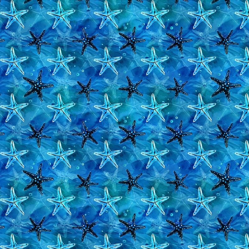 A repeating pattern of starfish underwater on an aqua and blue mottled watercolor background.