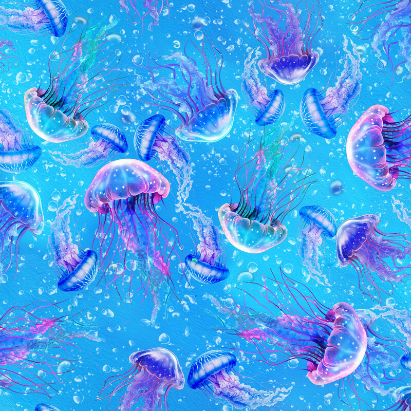 Scattered pattern of blue and lavender jellyfish floating among bubbles on a bright ocean blue background.