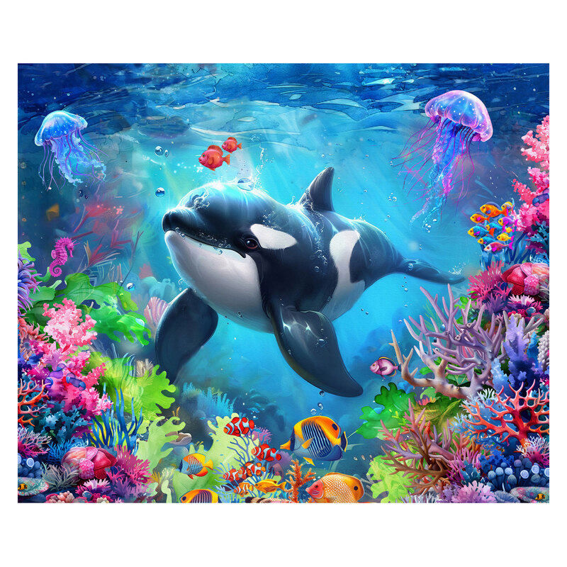 a digitally printed panel of an orca swimming among jellyfish, brightly colored coral, and a variety of fish.