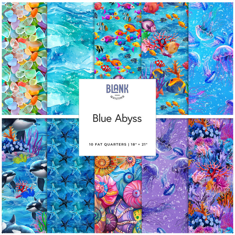Collage of oceanic themed fabrics from the Blue Abyss collection by Blank Quilting.