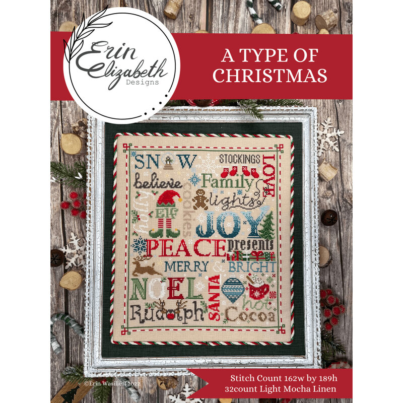 A finished and framed of the A Type of Christmas pattern with coordinating décor and a stitch count in the bottom right corner. 