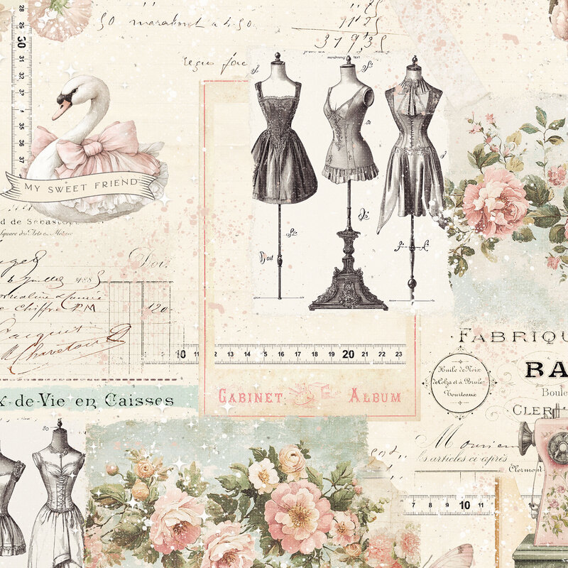 stationary-styled print featuring dress stands, floral bouquets, written script, and a goose with bows, on a textured cream background.