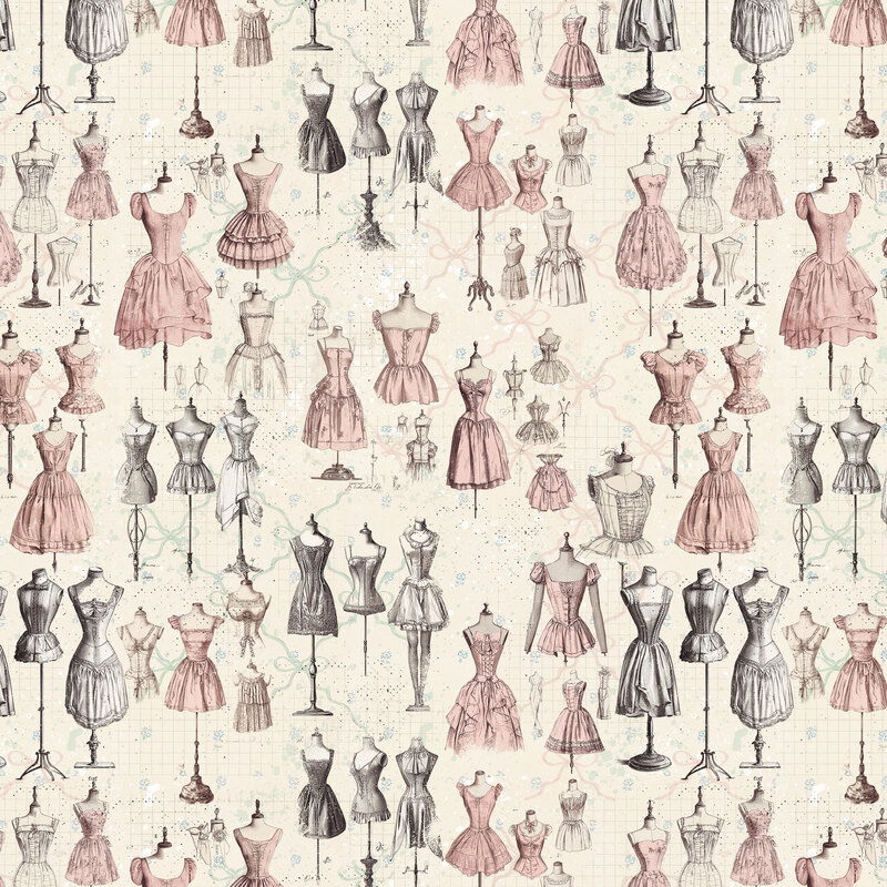 scattered pattern of vintage dress forms accented with a pink and green ribbon base with, florals, ink spots, and a grid texture on a dusty ecru background.