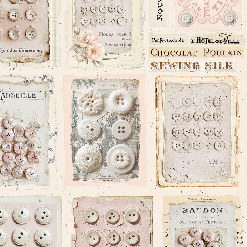 Vintage-inspired print featuring collectible button cards with French typography on a textured cream background.