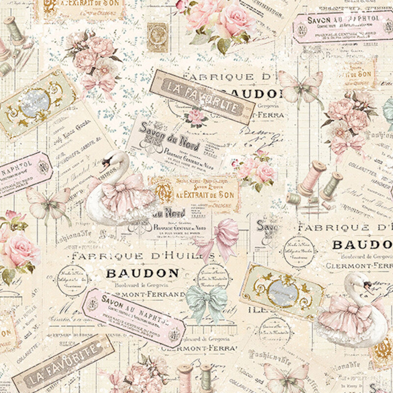 Vintage style pattern featuring scattered french labels, florals, sewing motifs, bows, geese, and butterflies, on a warm cream background.