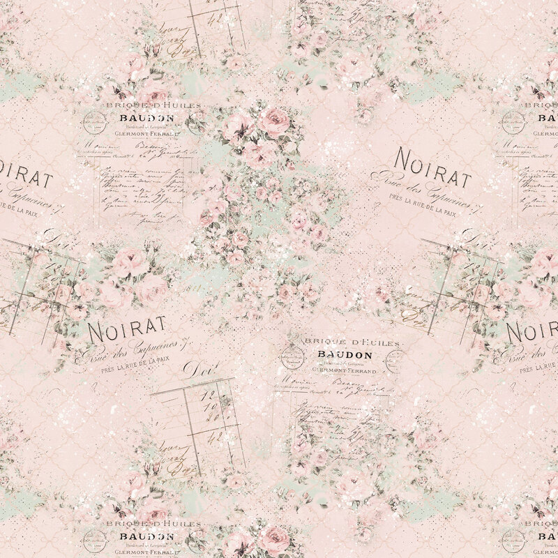 Scattered pattern of rose bouquets and French script on a blush and pale aqua bow tiled background with paint splatter texture