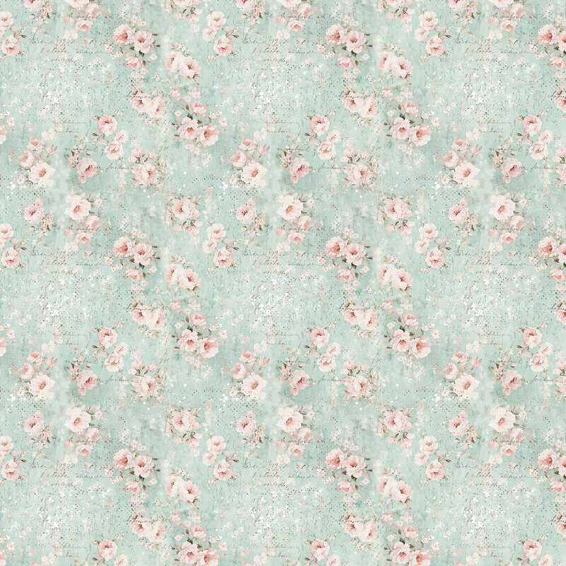 Mottled pale aqua background with white and pink flowers, faded script, and textured dots.