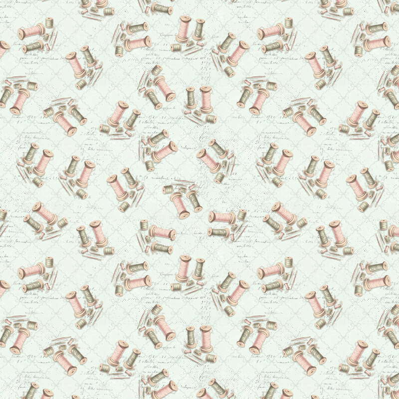 tossed pattern of needles and spools of thread on a textured ice blue background accented by script and a bow detailed diamond grid pattern.