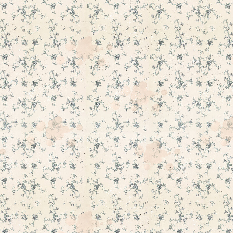 dark teal floral vines on a textured beige background stained with water spots.