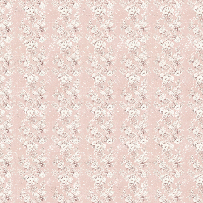repeating rows of white florals on a blush background featuring white and black splatter details scattered white grids