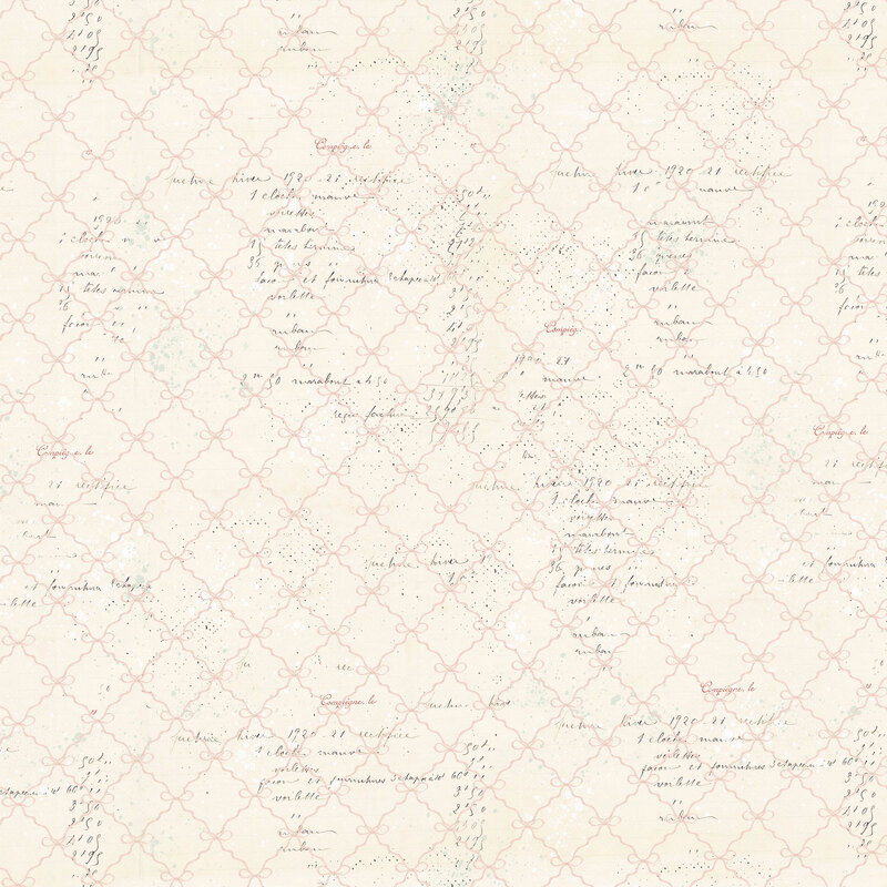 pink bow detailed diamond grid with faded script print on a splatter textured beige background.