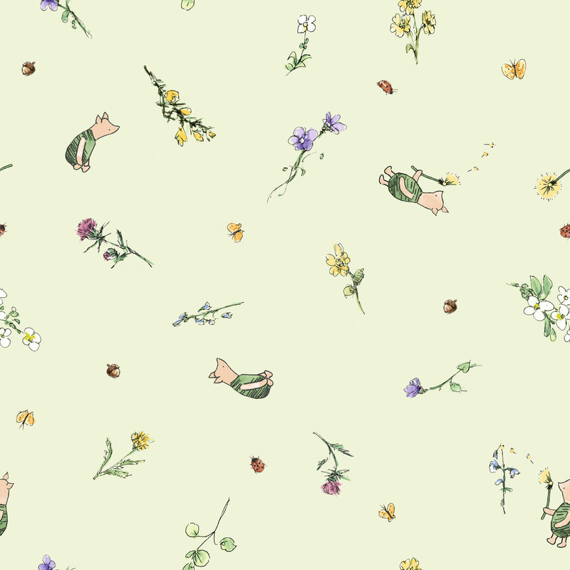 A light green fabric with piglet among sketched flowers and bugs.