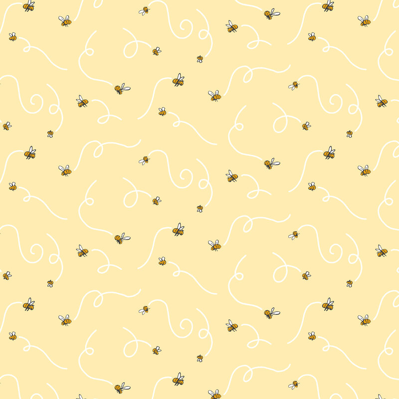 A butter yellow fabric with honey bees flying in looping white trails.