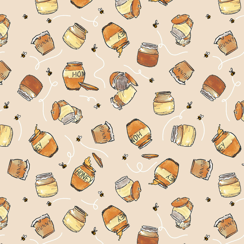 A taupe fabric scattered with honey pots and honey bees. 