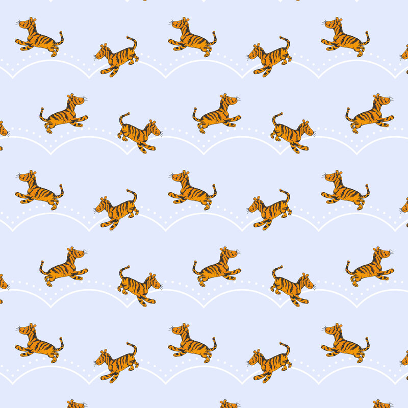 A powdery blue fabric featuring tigger leaping across scalloped lines. 