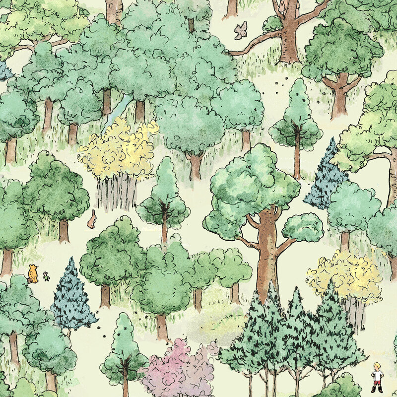A light sage green fabric with a detailed storybook forest scene with watercolor trees in shades of green and soft yellow.
