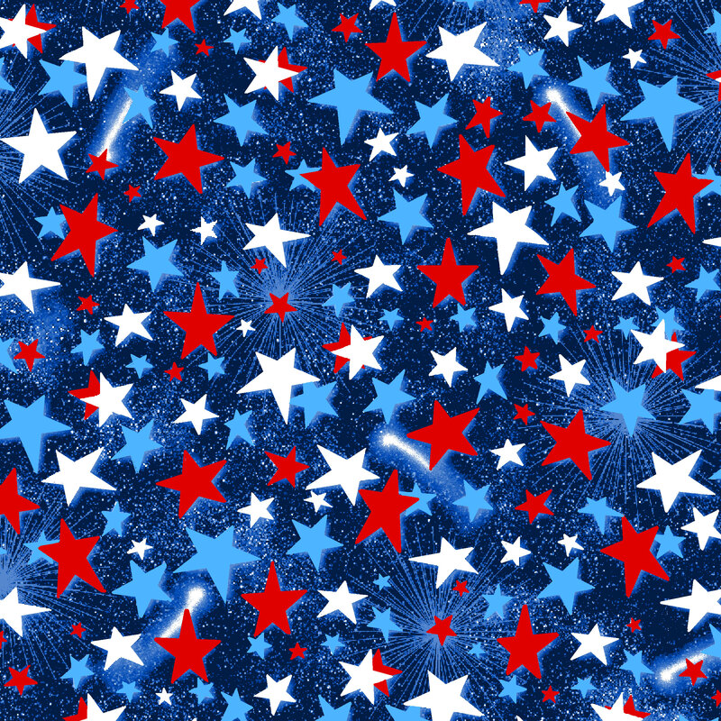 Patriotic dark blue fabric with tossed tonal, red, and white stars.