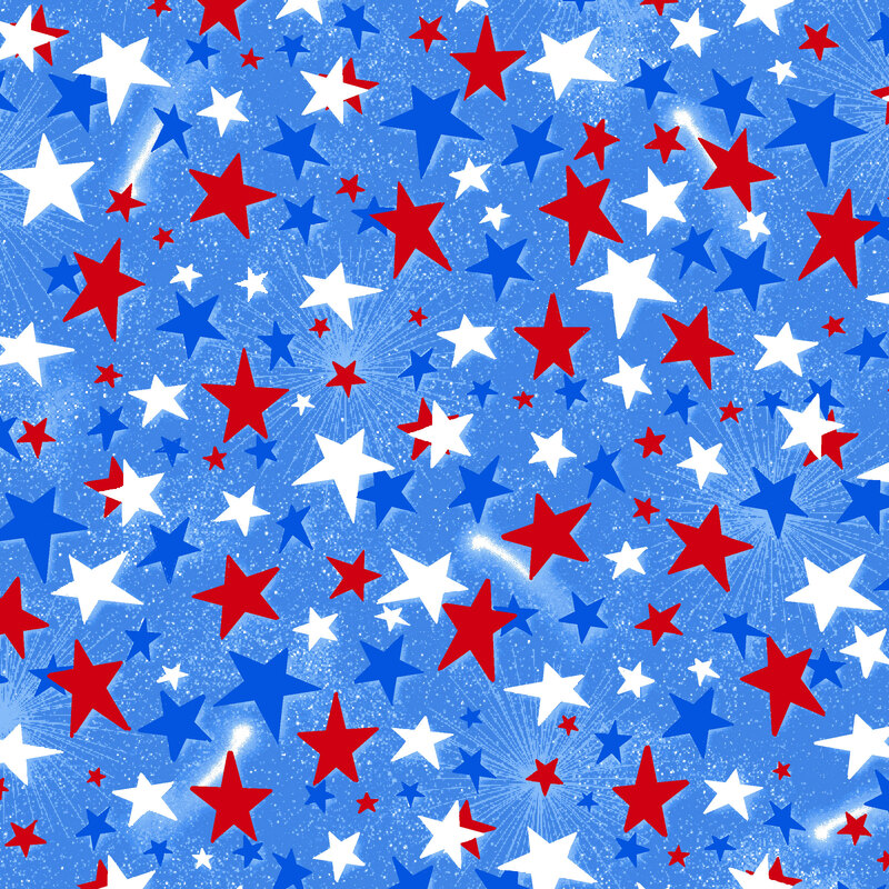 Patriotic sky blue fabric with tossed tonal, red, and white stars.