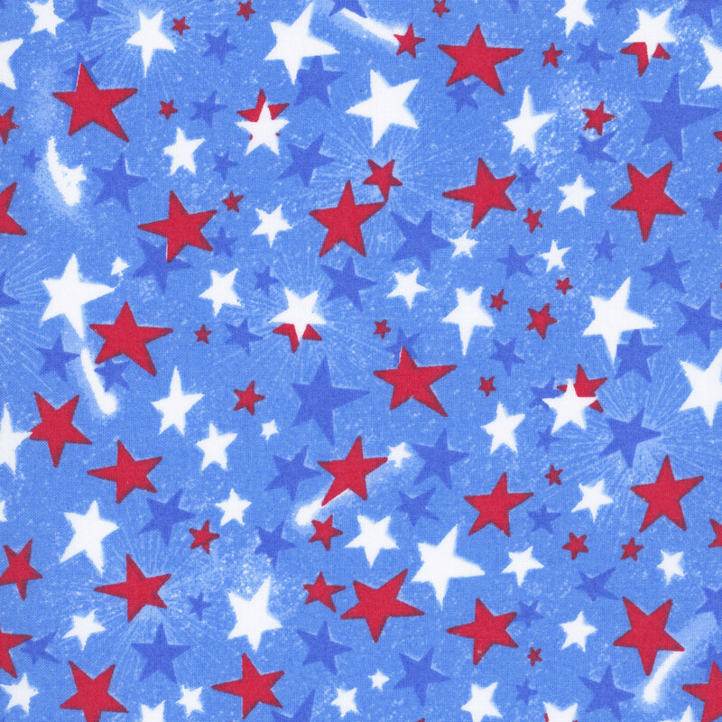 Patriotic light blue fabric with tossed tonal, red, and white stars.