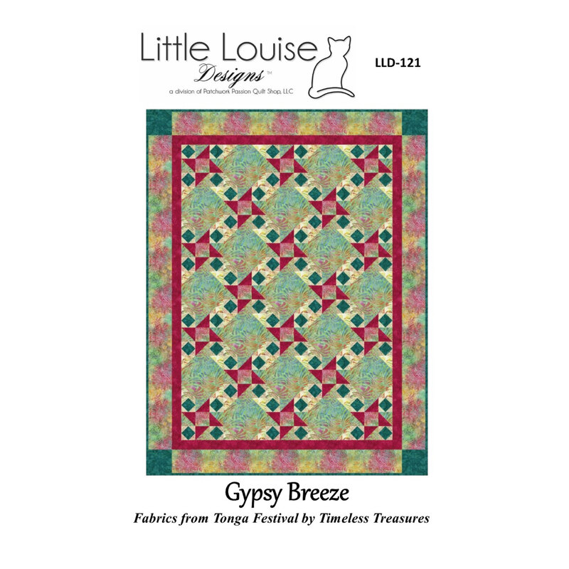 Front of the Gypsy Breeze Quilting Pattern by Little Louise Designs featuring a green and red quilt.