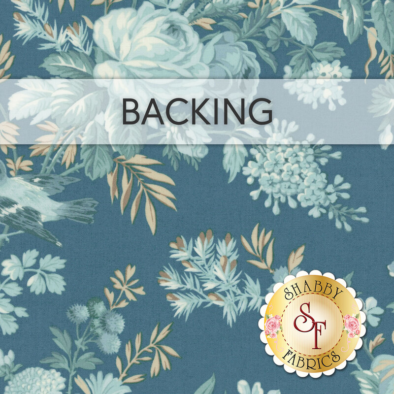 Dark teal blue swatch of fabric with tossed vintage florals in tonal blue and cream, a transparent banner at the top reads "Backing." 