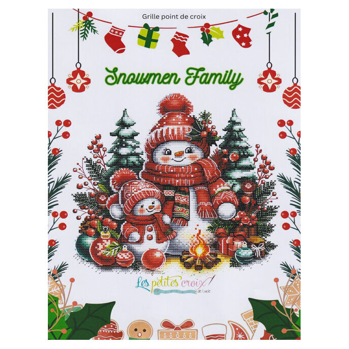 Front cover of the Snowmen Family cross stitch pattern featuring a snowman and snowchild in hats & scarves, surrounded by trees, presents, and ornaments