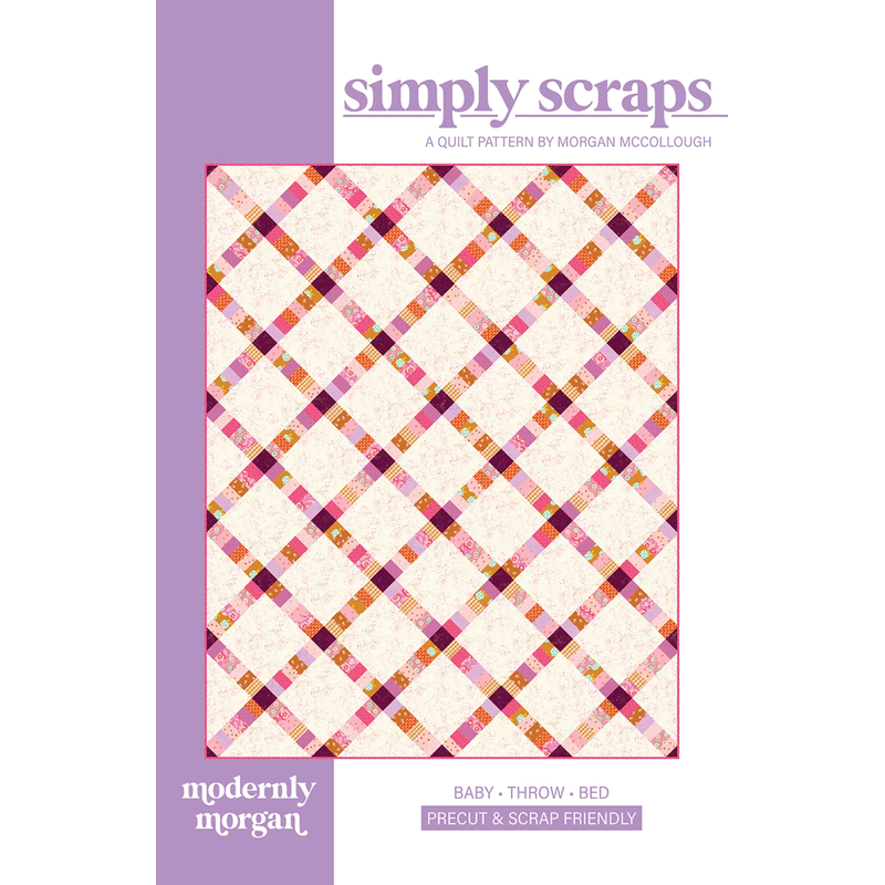The front of the Simply Scraps pattern by modernly morgan featuring a pink lattice quilt.
