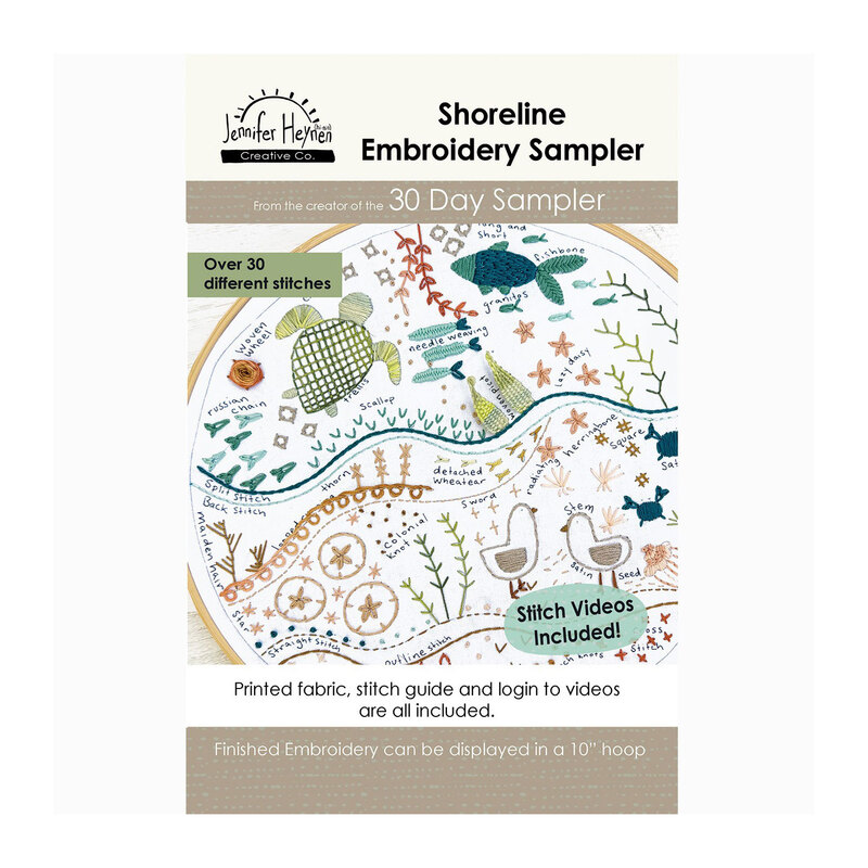 The front of the Shoreline Embroidery Sampler showing examples of completed embroidered stitches.