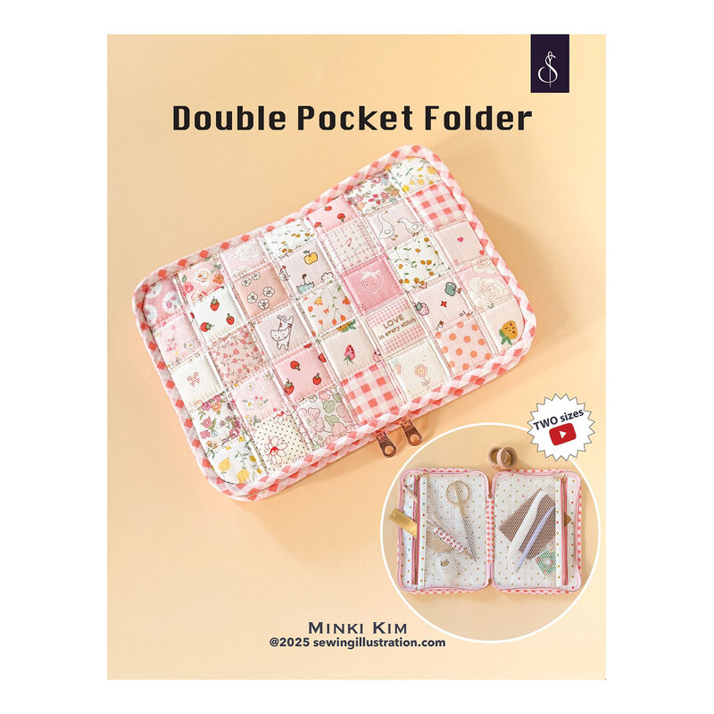 Photo of a finished Double Pocket Folder with a soft pink and cream color-way and a smaller photo showing the inside of the folder holding quilting tools.