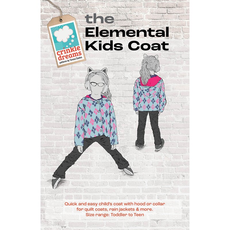 Front of the pattern booklet featuring a child modeling the front and back of the Elemental Coat, all in shades of gray with the title and designer information.