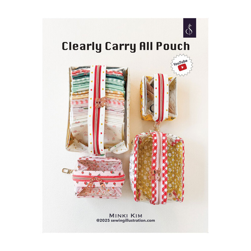 Front of the Clearly Carry All Pouch pattern showing a top shot of four different designs of the small, medium, and large pouches using Minki Kim designed fabrics.