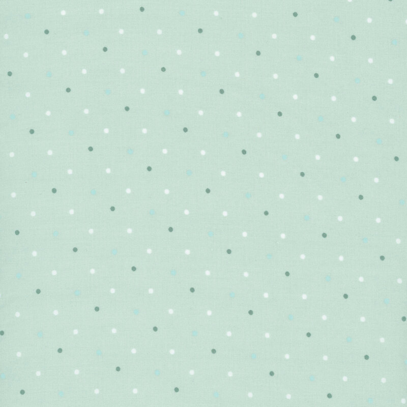 Robins egg fabric with a white, pale aqua, and dark teal polka dot pattern.
