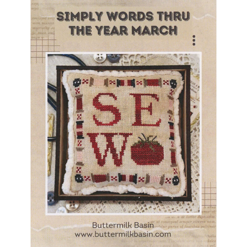 Pattern cover for “Simply Words Thru the Year March” featuring a stitched sampler with letters S, E, and W.