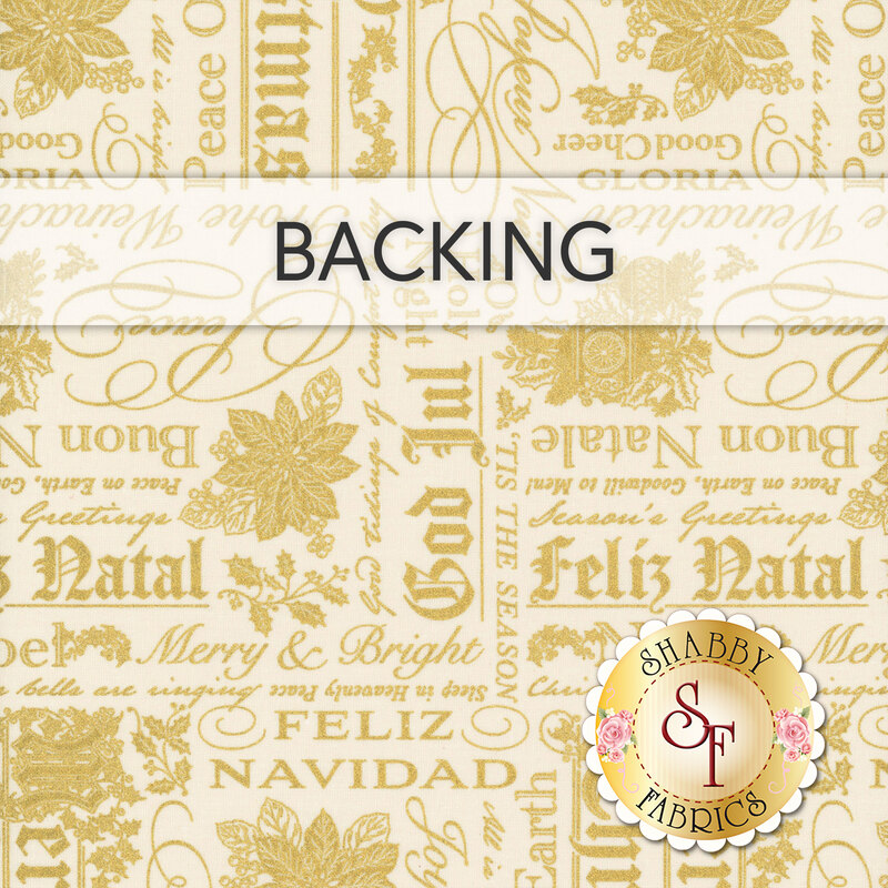 Cream swatch of fabric with structured rows of text and florals in gold metallic; a transparent banner at the top reads "Backing." 