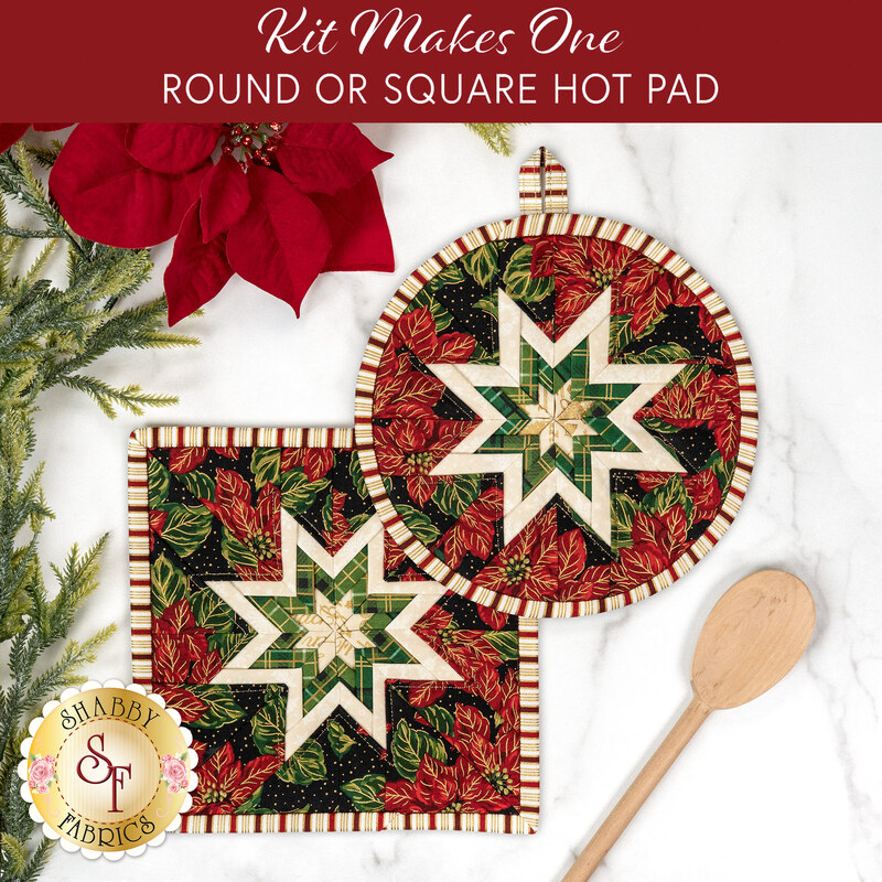 The two completed Folded Star Hot Pads colored in red, green, and white fabrics from the Poinsettias at Christmas collection by Jennifer Bosworth for Riley Blake Designs, one round and one square, slightly overlapping each other and staged on a white table with coordinating décor.