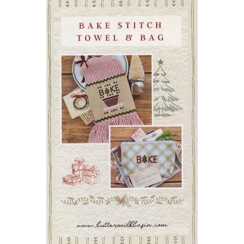 Cover of “Bake Stitch Towel & Bag” Cross Stitch Pattern with holiday-themed baking items and ribboned gift tag.