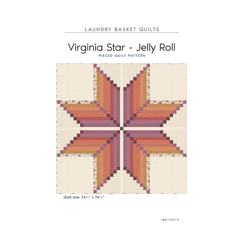 Front of the Virginia star jelly roll pieced quilt pattern by laundry basket quilts showcasing finished project.