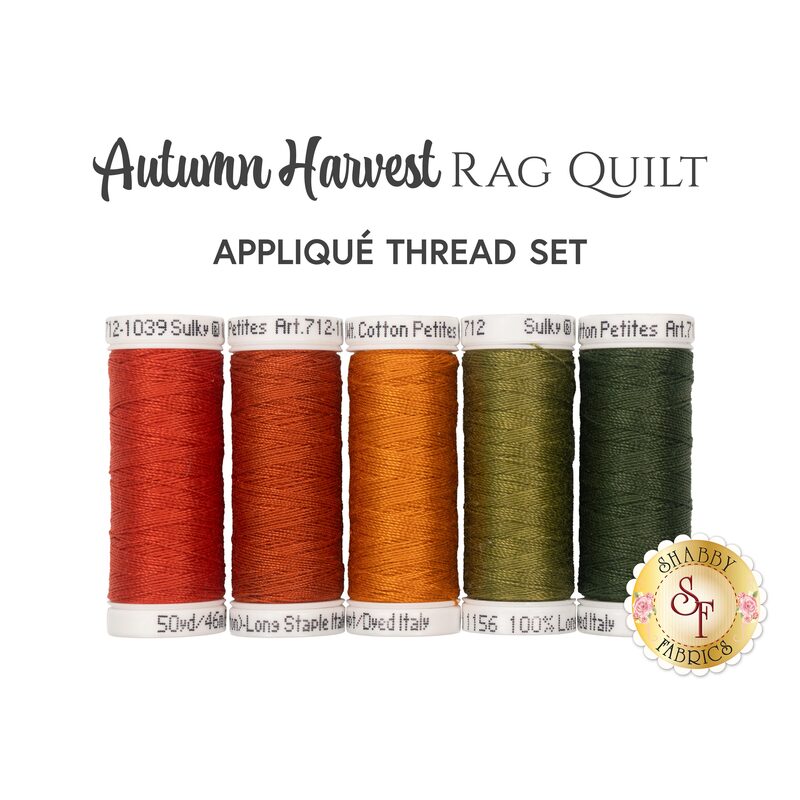 Five spools of orange, sienna, gold, sage, and forest green thread, isolated on a white background below a text graphic.