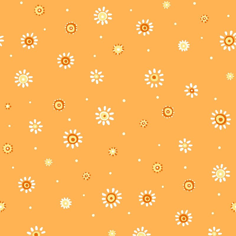 Golden yellow fabric with a pattern of cream and orange scattered dots and stylized florals.