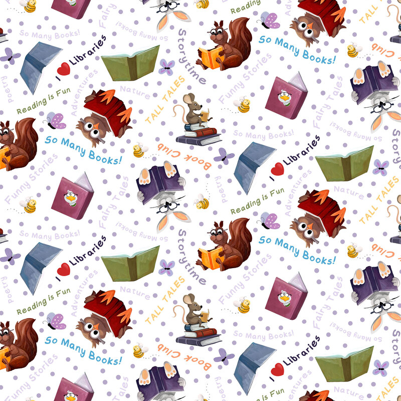 White fabric with purple dots, butterflies, bees, books, animals, and more.