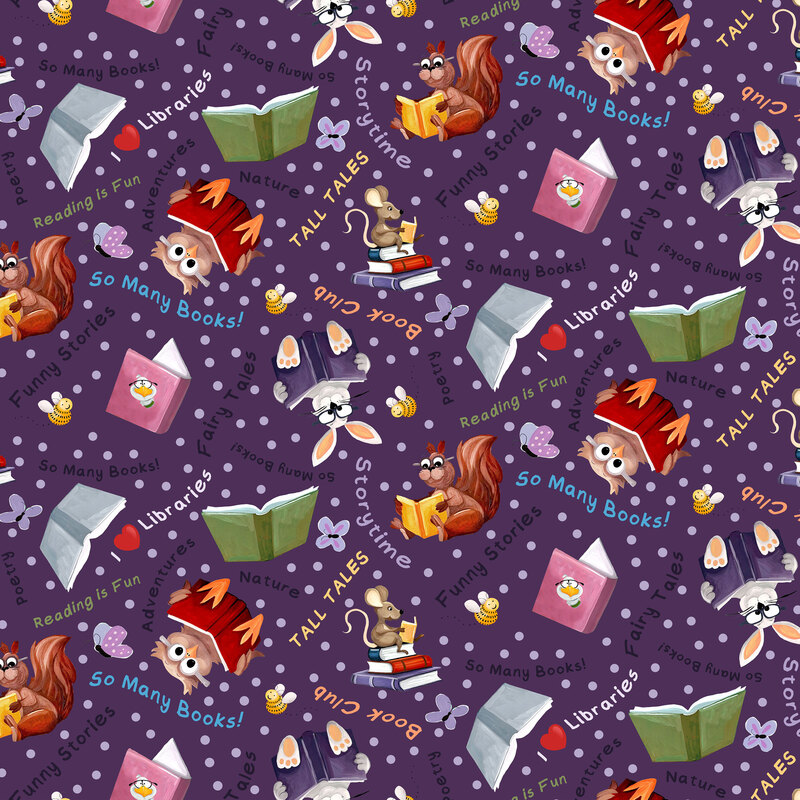 Purple fabric with purple dots, butterflies, bees, books, animals, and more.