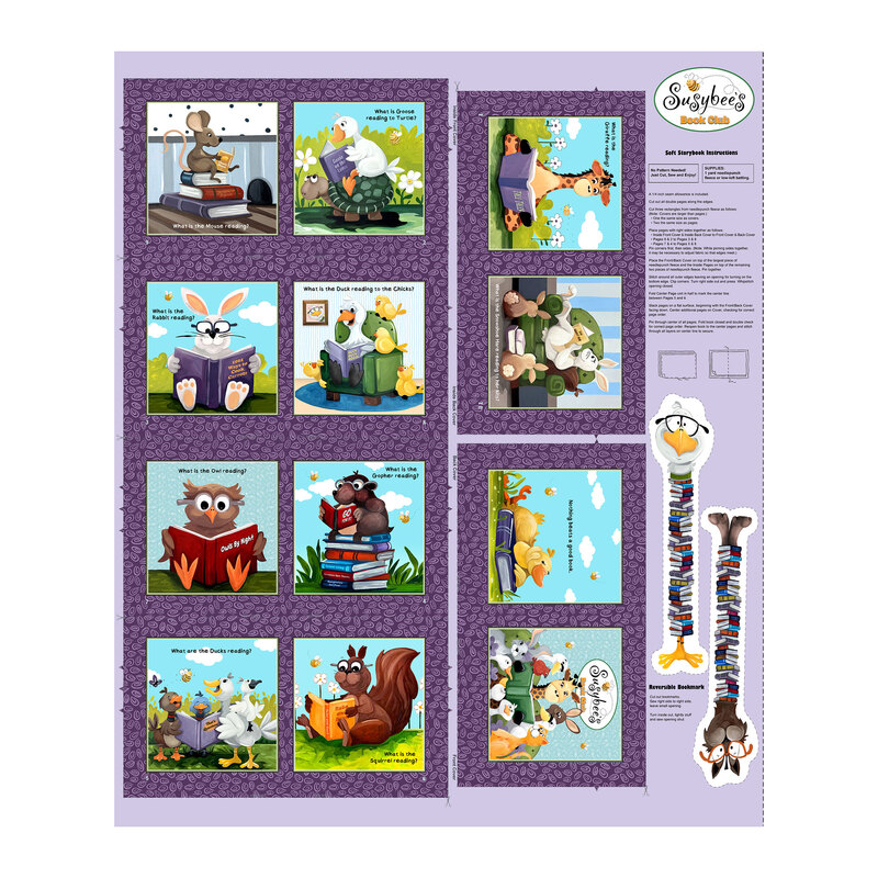 A storybook project panel with a purple swirl background topped with blocks of animals reading books.